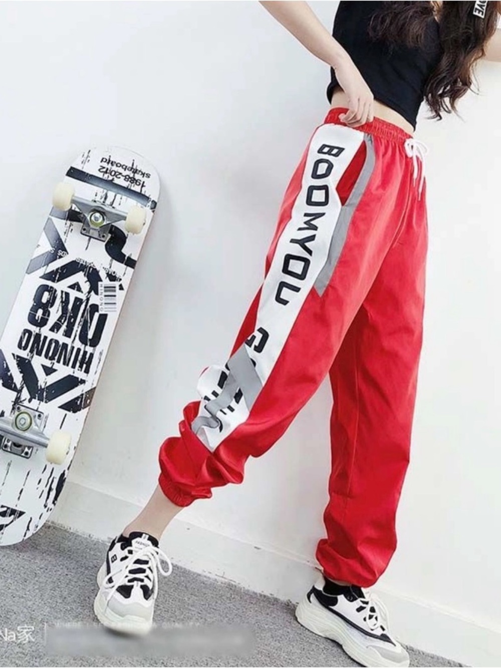 YesStyle Red Track Pants Joggers with White & Gray Side Stripe Athlete